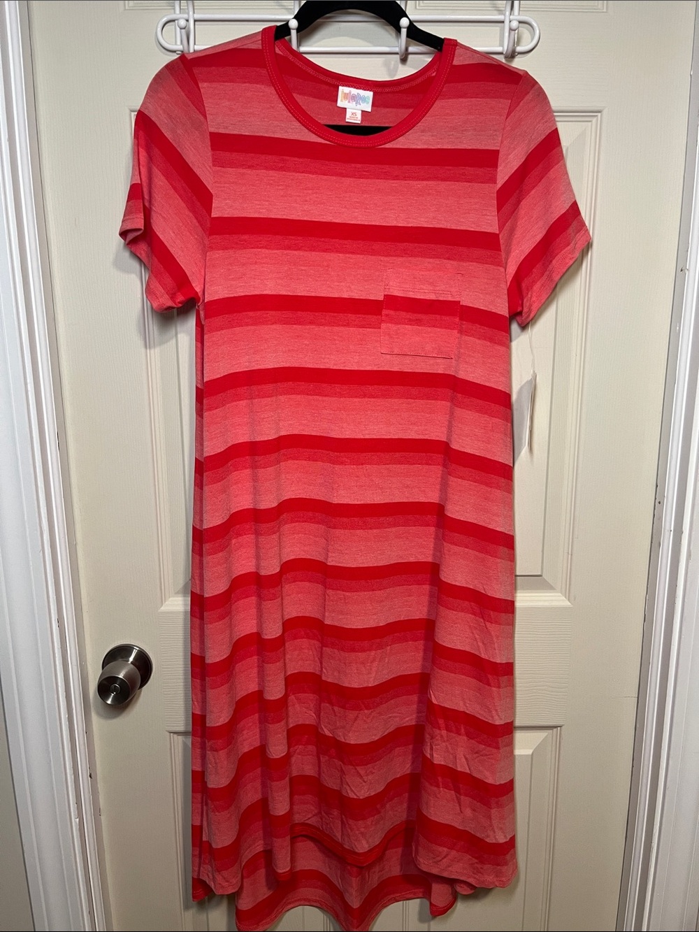 LuLaRoe Women's Red & Coral Striped Midi T-Shirt Dress